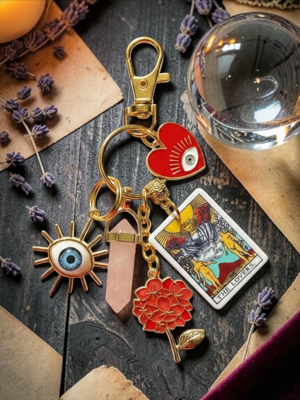 Boho "The Lovers" Tarot & Rose Quartz Charm Keychain - Picture 2 of 7